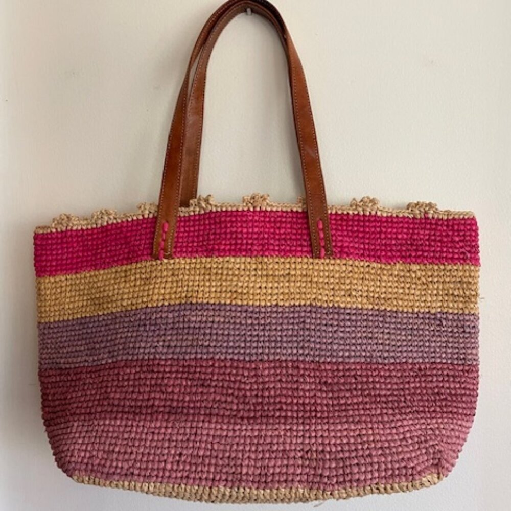 MAR Y SOL Allegra Raffia Woven Large Tote Bag Pink Purple Stripe - Picture 5 of 15